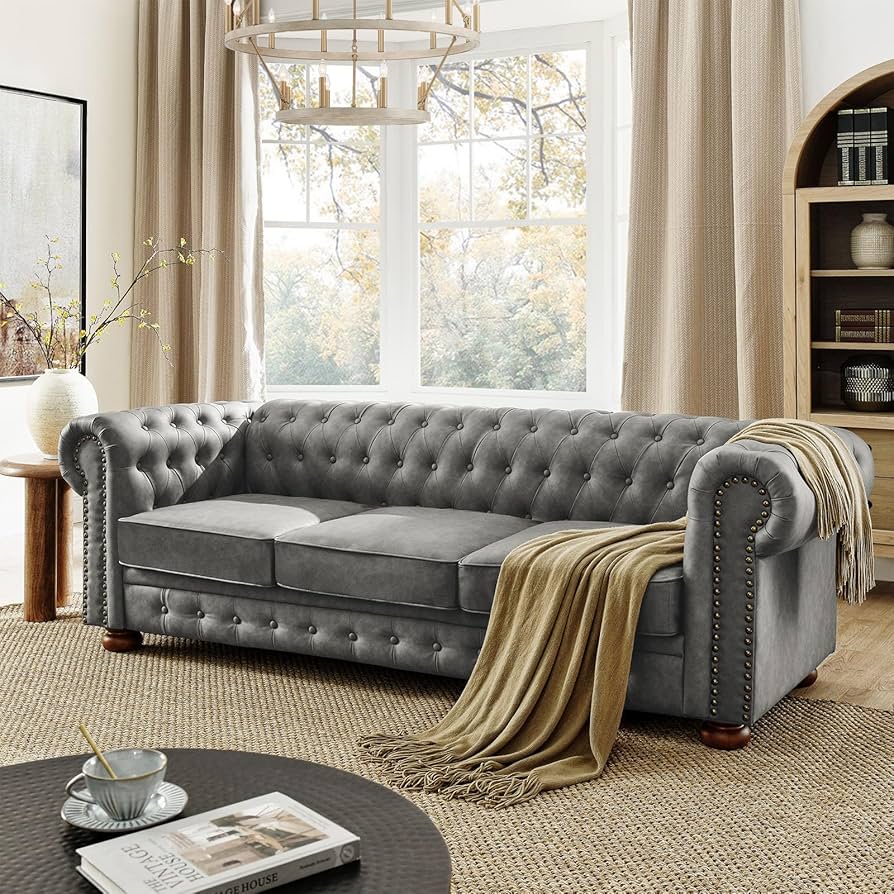ピース　チェスターフィールド　アメリカ Amazon.com: 88.5-inch Chesterfield Sofa, PU Faux Leather